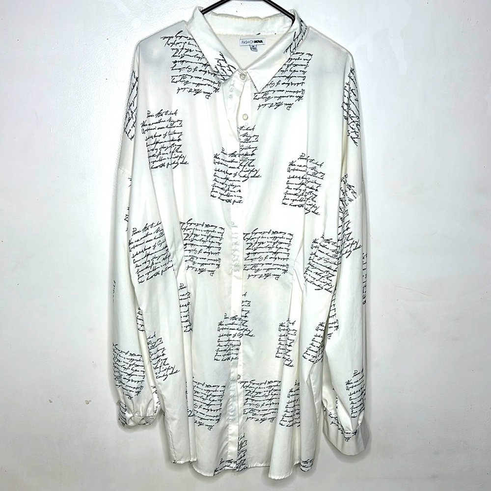 Fashion Nova Scripting White and Black Button Down Shirt Dress